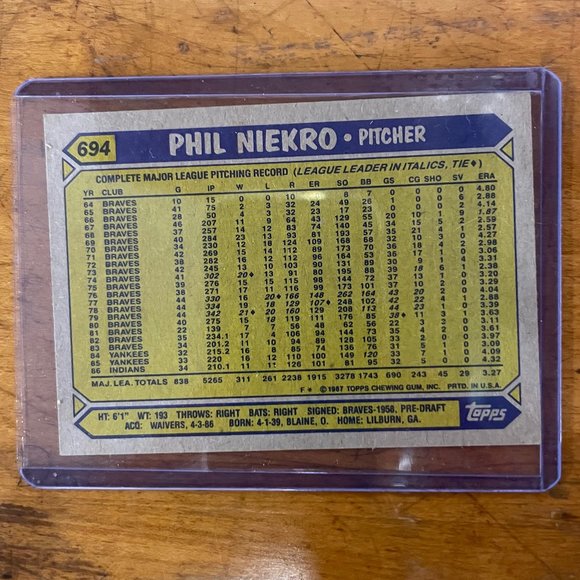Vintage 1987 Phil Niekro Cleveland Indians Topps Baseball Card #694 - Picture 2 of 2